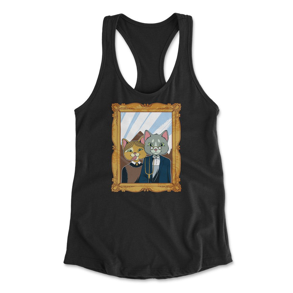 American Gothic Cats Womens Racerback Tank in Black color