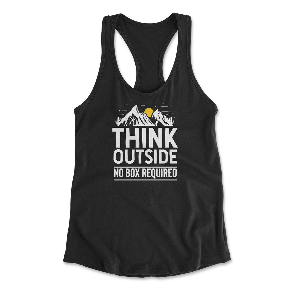 Think Outside, No Box Required Womens Racerback Tank in Black color