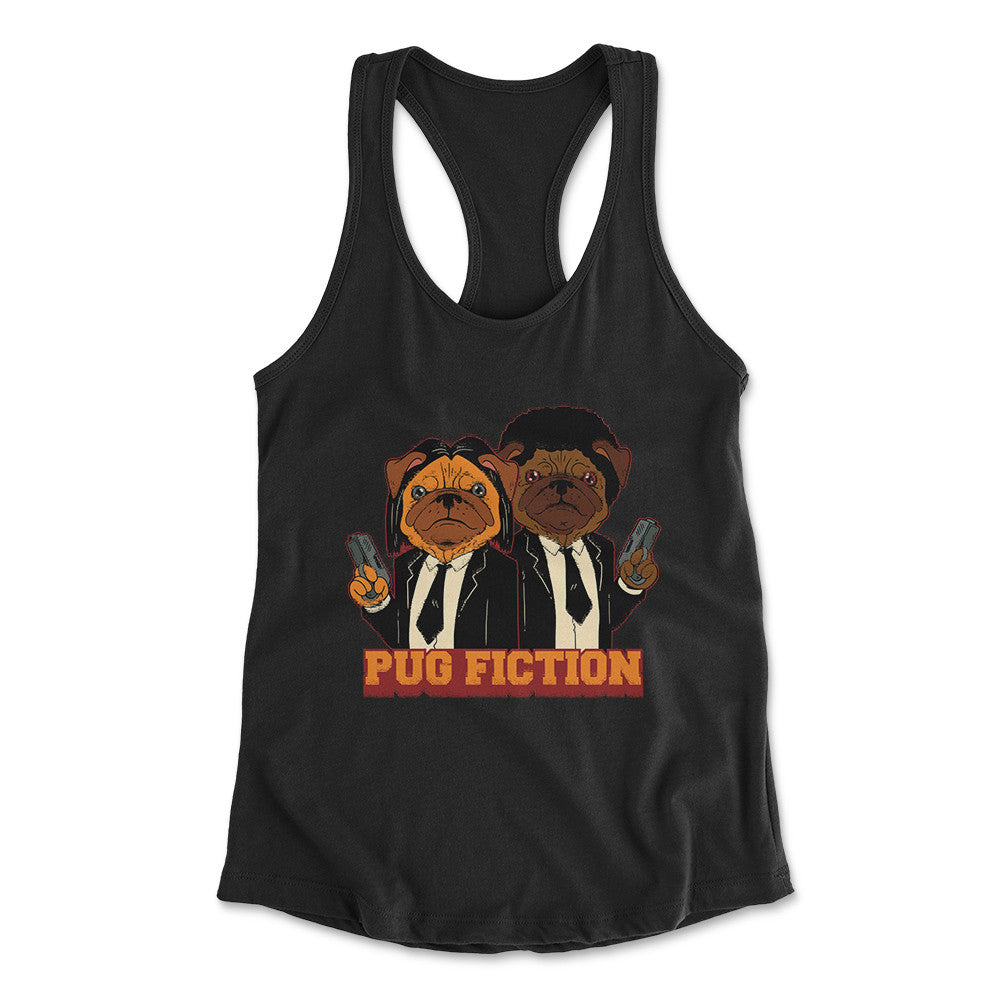 Pug Fiction Womens Racerback Tank in Black color