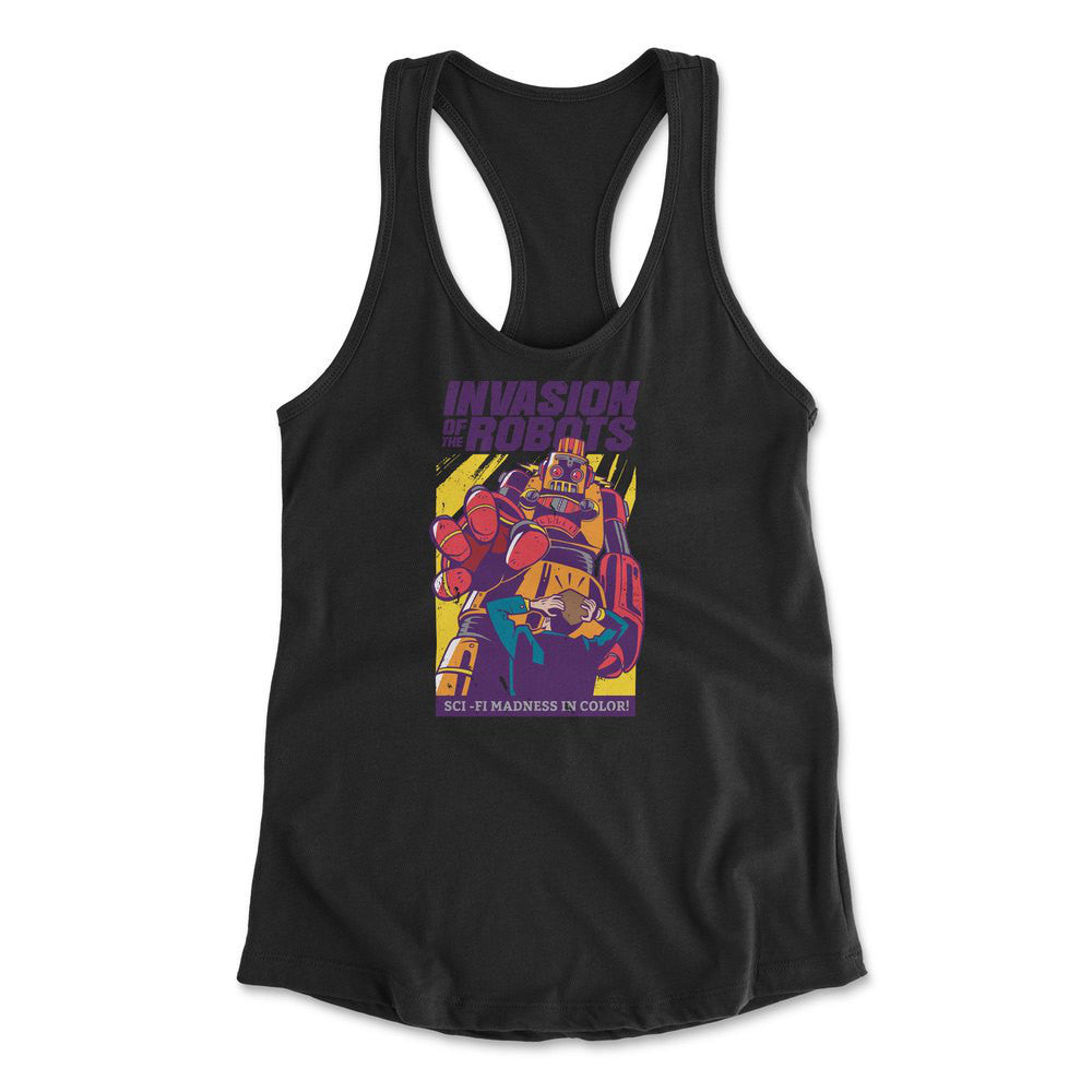 Invasion Of The Robots Womens Racerback Tank in Black color