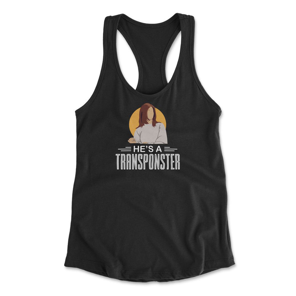 He's A Transponster Womens Racerback Tank in Black color