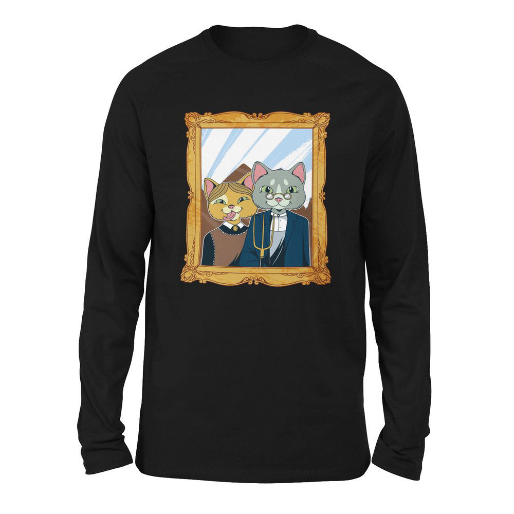American Gothic Cats Men/Unisex Drop Shoulder Sweatshirt in Black color