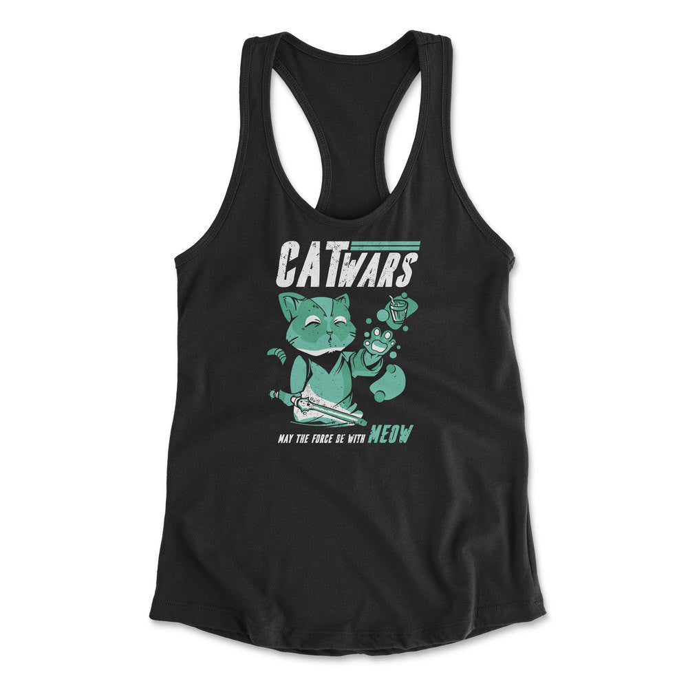 Cat Wars - May The Force Be With Meow Womens Racerback Tank in Black color
