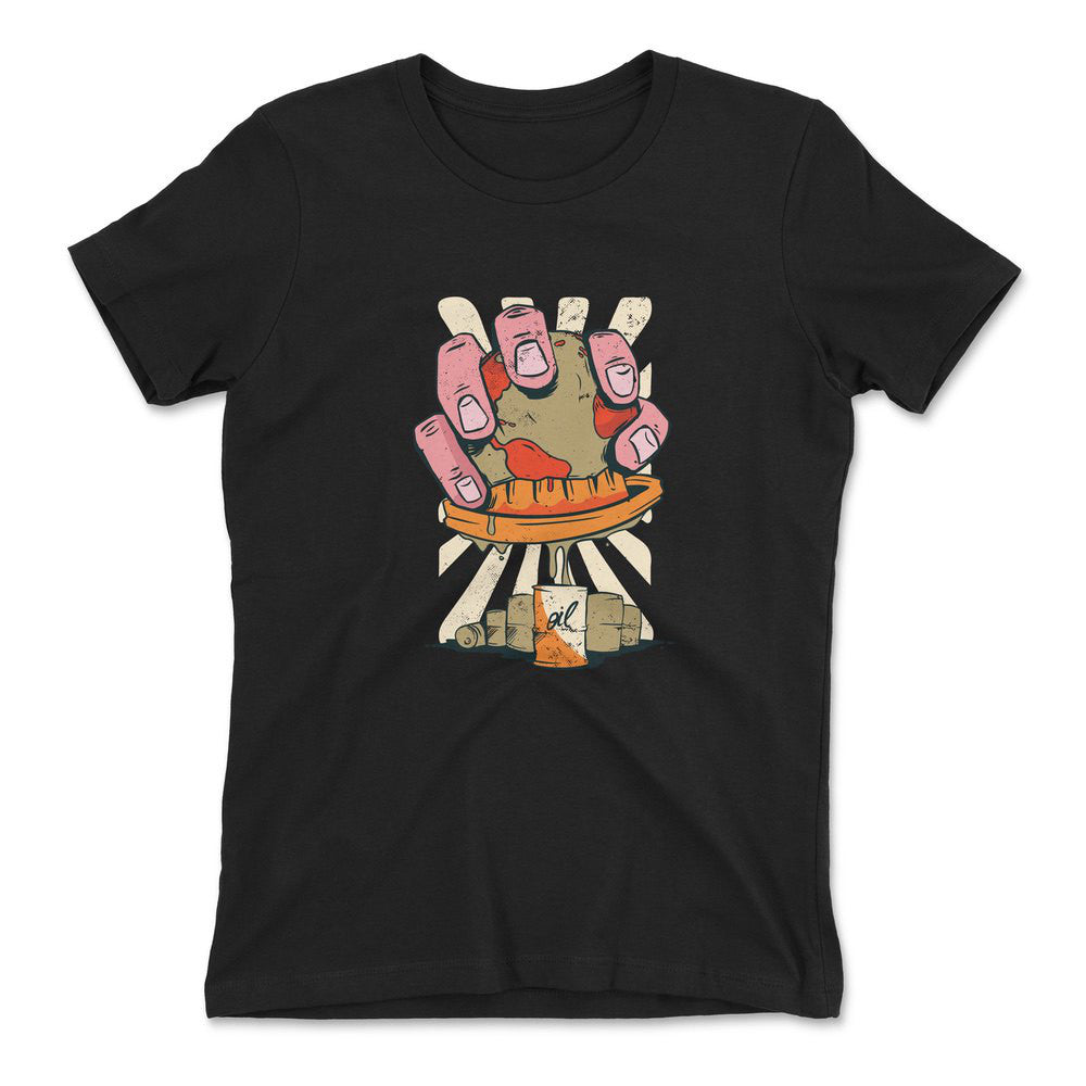 Planet Oil Squeezer Womens T-Shirt in Black color