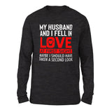 My Husband And I Fell In Love At First Sight. May Be I Should Have Taken A Second Look Men/Unisex Drop Shoulder Sweatshirt in Dark Grey Heather color