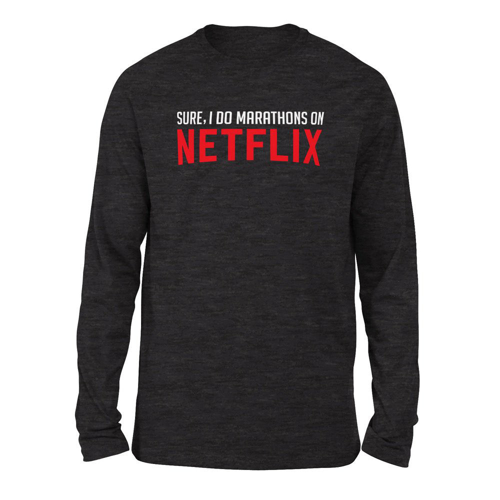 Sure, I Do Marathons On Netflix Men/Unisex Drop Shoulder Sweatshirt in Dark Grey Heather color