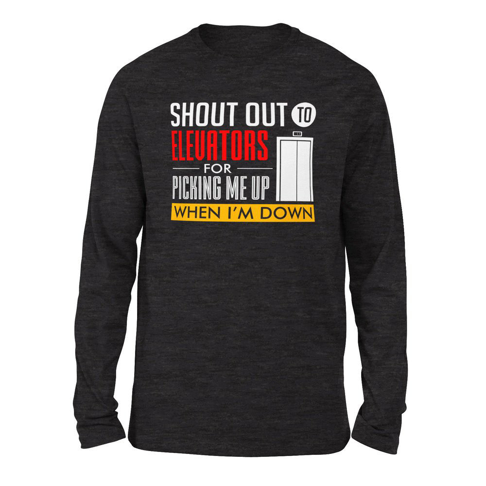 Shout Out To Elevators For Picking Me Up When I'm Down Men/Unisex Drop Shoulder Sweatshirt in Dark Grey Heather color