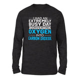 I Had An Extremely Busy Day Converting Oxygen To Carbon Dioxide Men/Unisex Drop Shoulder Sweatshirt in Dark Grey Heather color