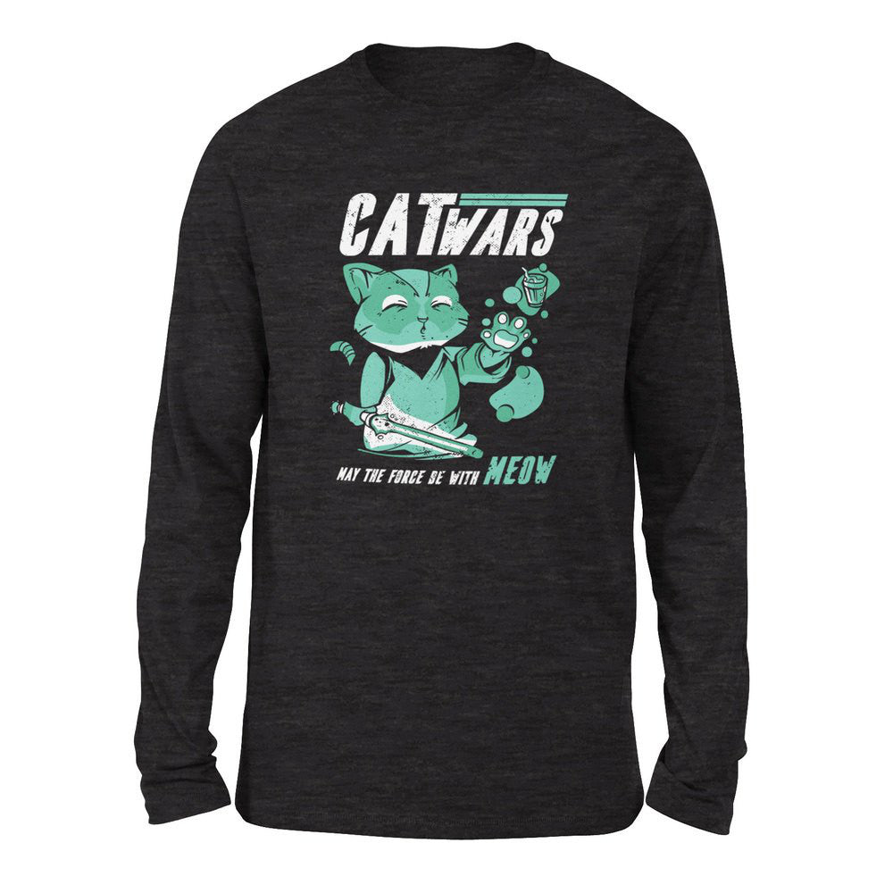 Cat Wars - May The Force Be With Meow Men/Unisex Drop Shoulder Sweatshirt in Dark Grey Heather color