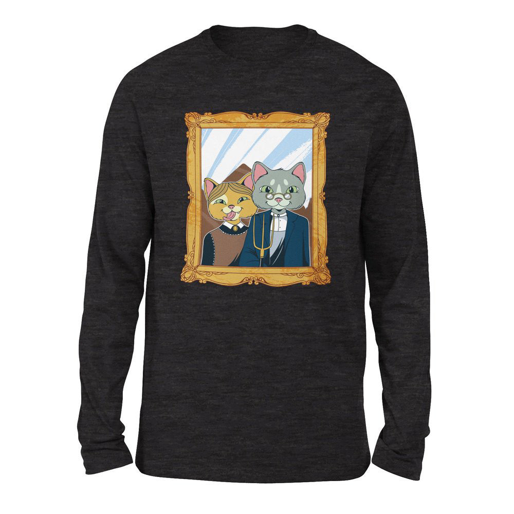 American Gothic Cats Men/Unisex Drop Shoulder Sweatshirt in Dark Grey Heather color