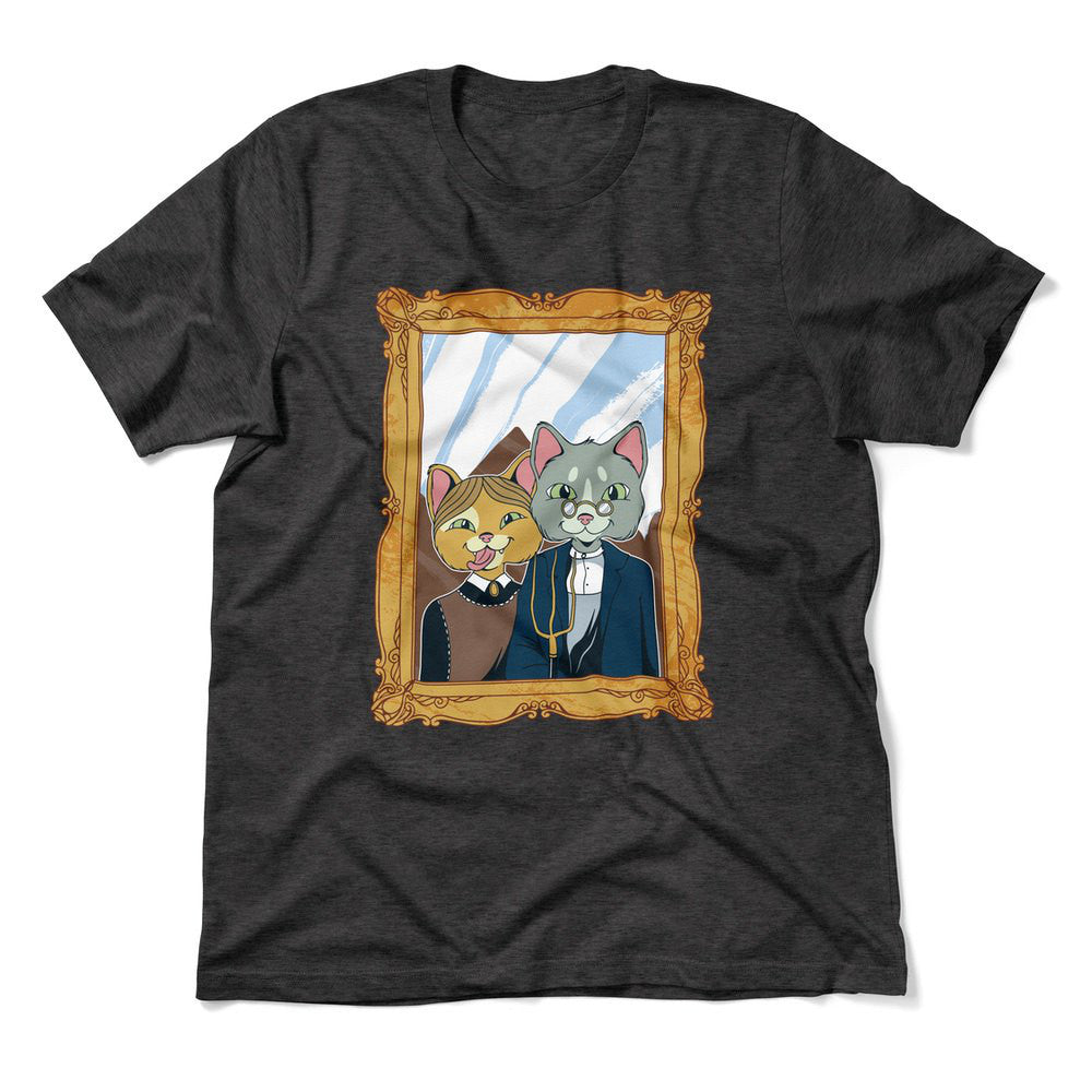 American Gothic Cats Men/Unisex T-Shirt in Dark Grey Heather color