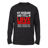 My Husband And I Fell In Love At First Sight Men/Unisex Drop Shoulder Sweatshirt in Dark Grey Heather color