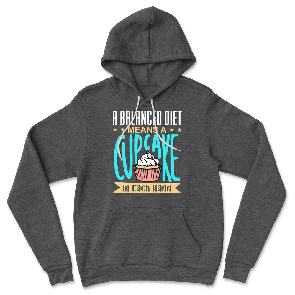 A Balanced Diet Means, A Cake In Each Hand Hoodie in Dark Grey Heather color