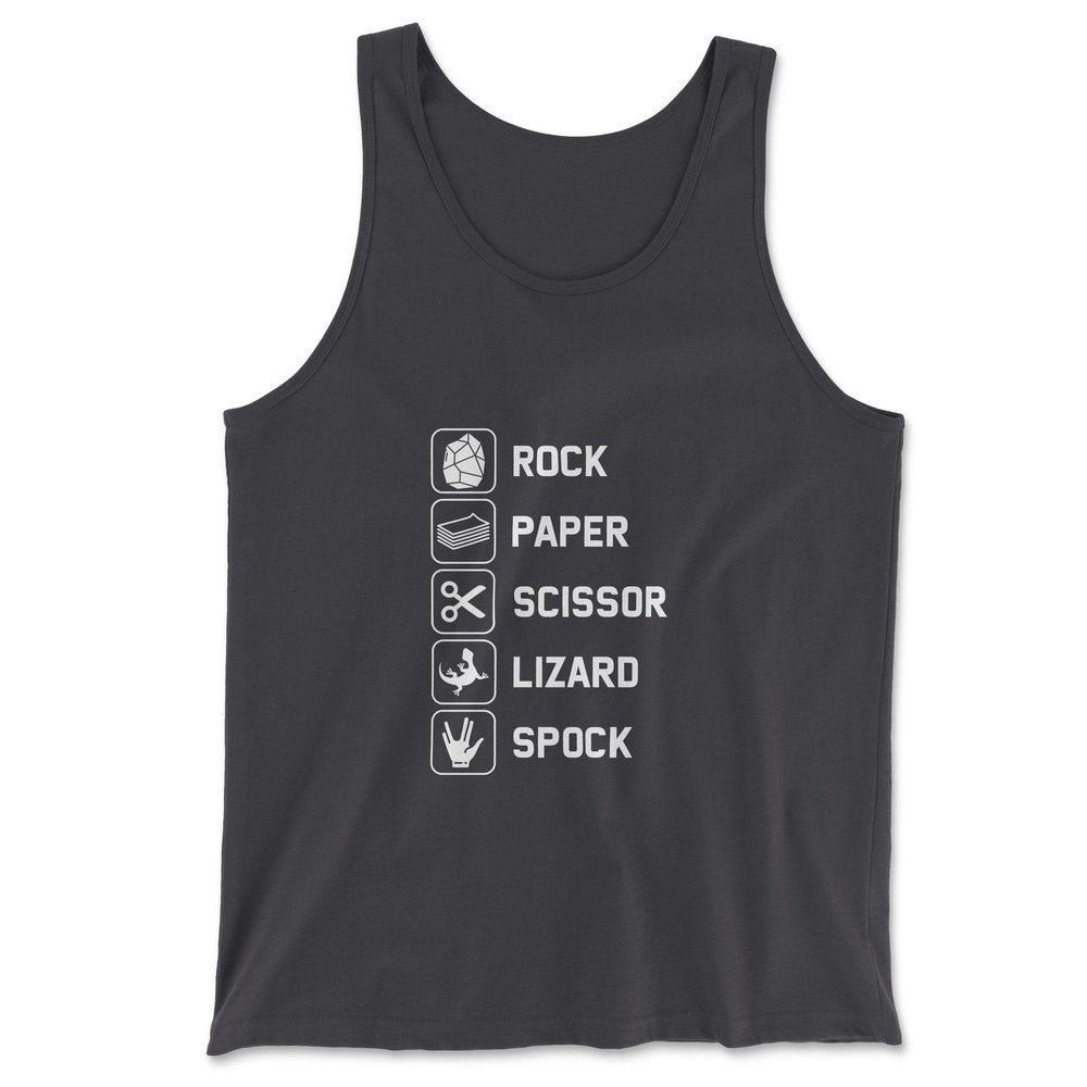 Rock Paper Scissor Lizard Spock Men/Unisex Tank in Dark Grey color