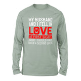 My Husband And I Fell In Love At First Sight. May Be I Should Have Taken A Second Look Men/Unisex Drop Shoulder Sweatshirt in Dusty Blue color