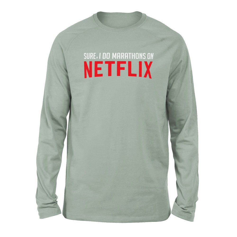 Sure, I Do Marathons On Netflix Men/Unisex Drop Shoulder Sweatshirt in Dusty Blue color