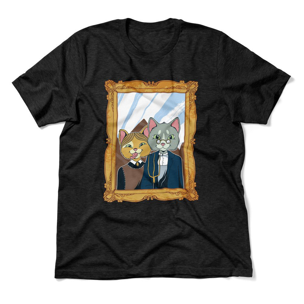 American Gothic Cats Men/Unisex T-Shirt in Heather Black color