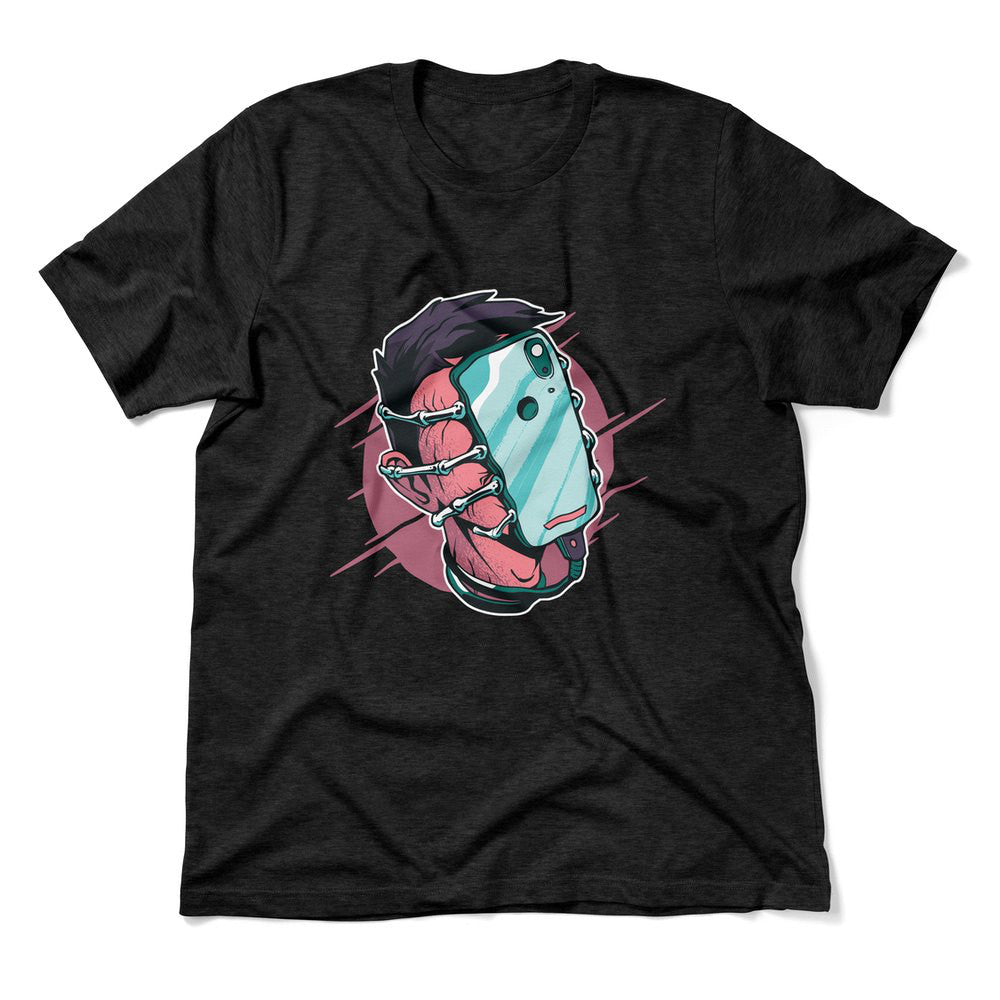 Phone Face Hugger Men/Unisex T-Shirt in Heather Black color