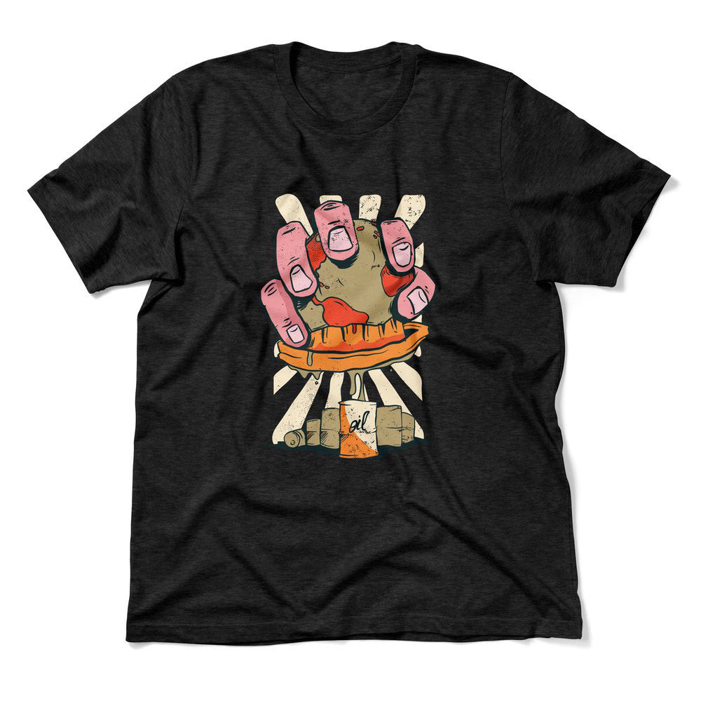 Planet Oil Squeezer Men/Unisex T-Shirt in Heather Black color