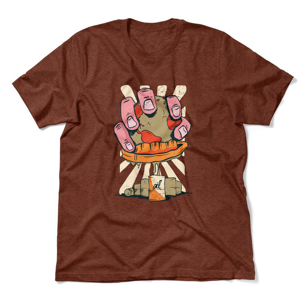Planet Oil Squeezer Men/Unisex T-Shirt in Heather Clay color