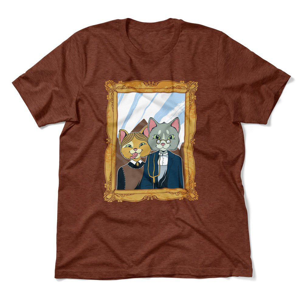 American Gothic Cats Men/Unisex T-Shirt in Heather Clay color