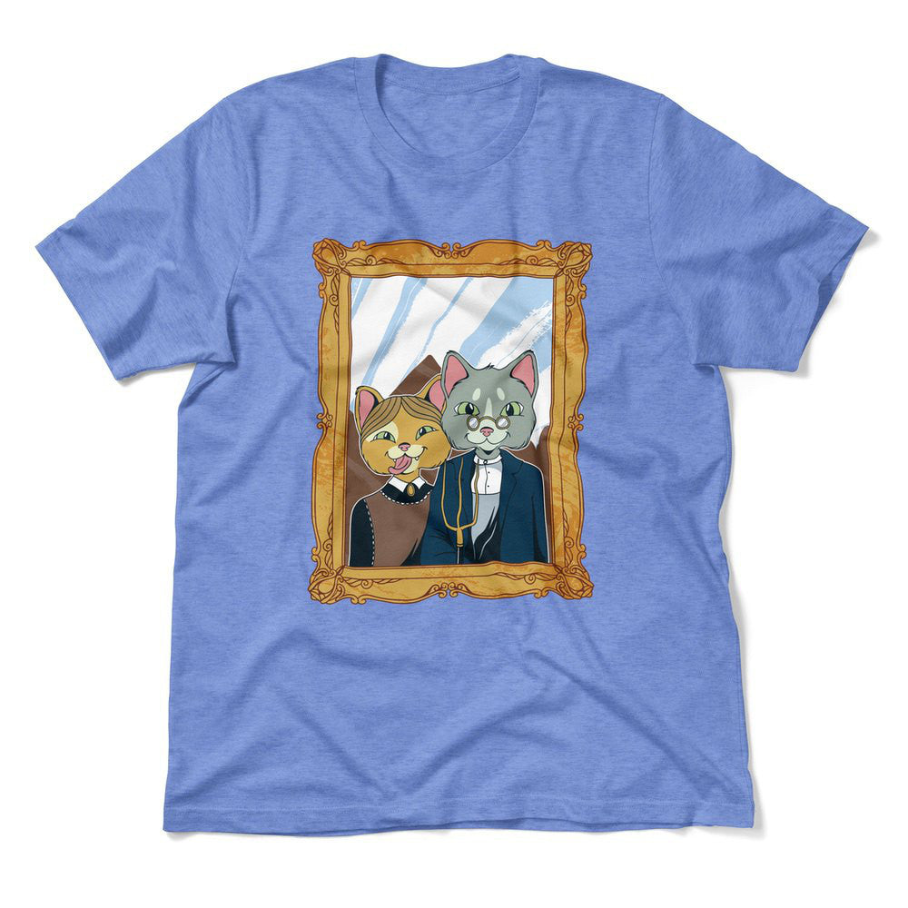American Gothic Cats Men/Unisex T-Shirt in Heather Columbia Blue color