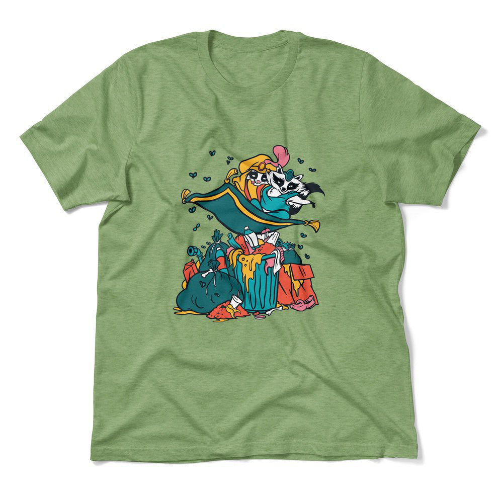 Raccoon Flying Aladdin Men/Unisex T-Shirt in Heather Green color