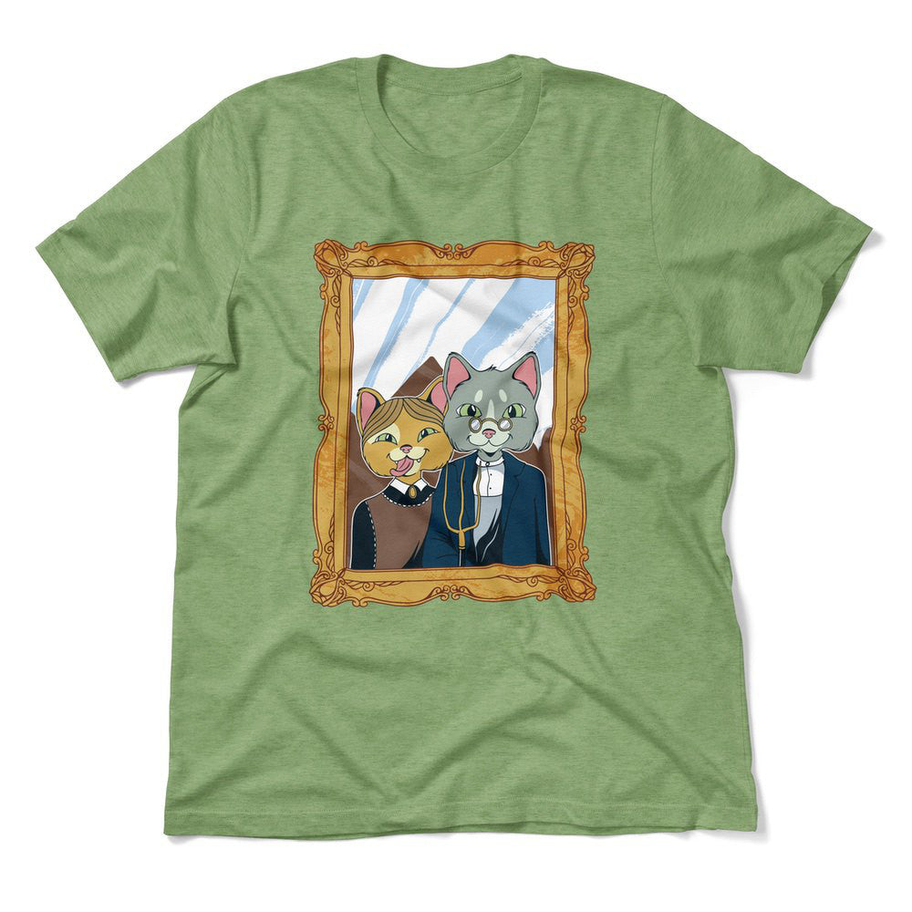 American Gothic Cats Men/Unisex T-Shirt in Heather Green color