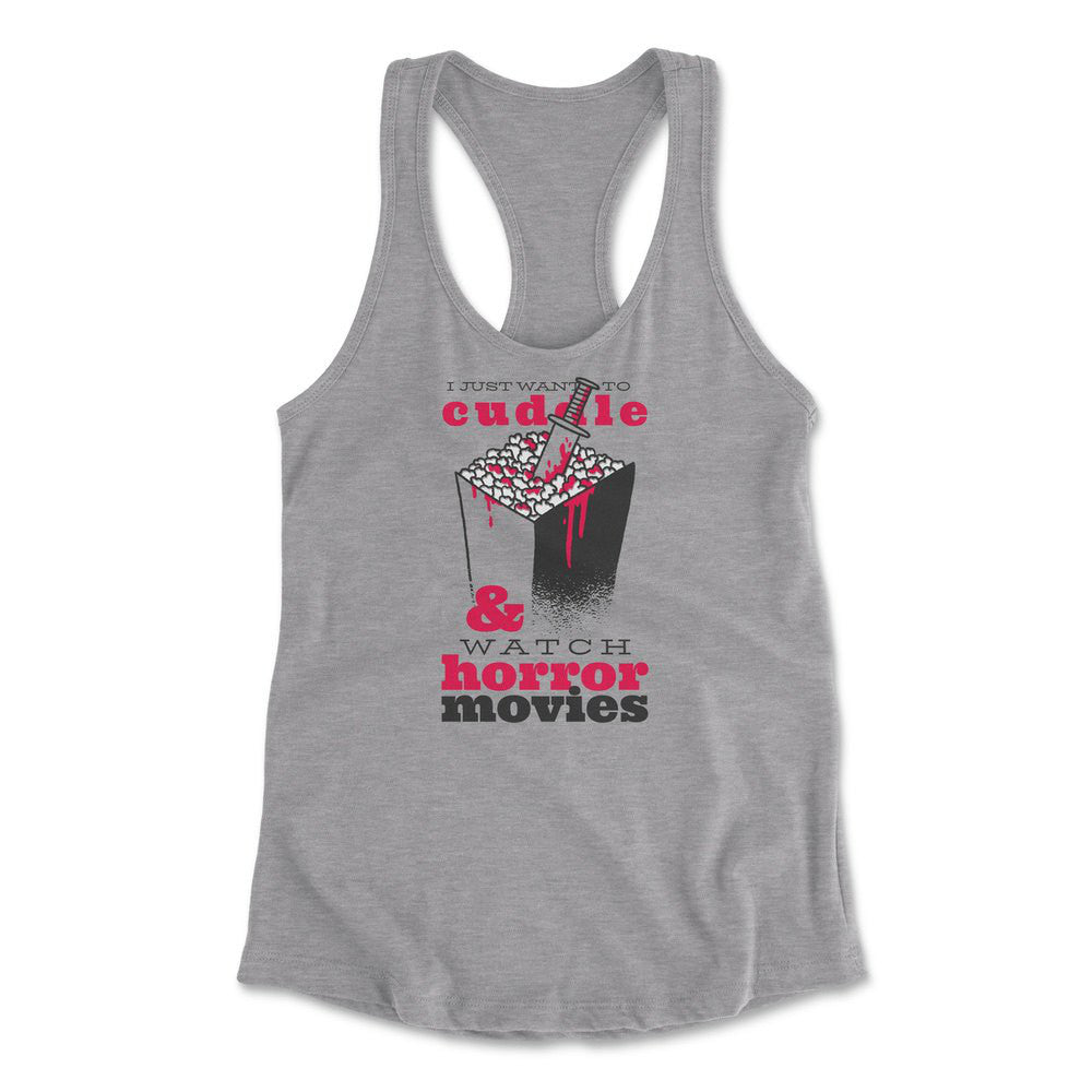 I Just Want To Cuddle And Watch Horror Movies Womens Racerback Tank in Heather Grey color