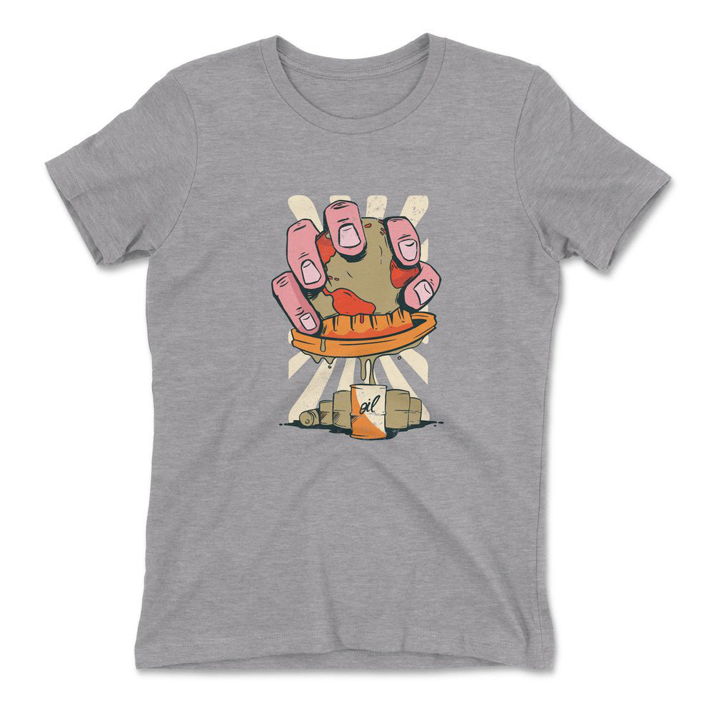 Planet Oil Squeezer Womens T-Shirt in Heather Grey color
