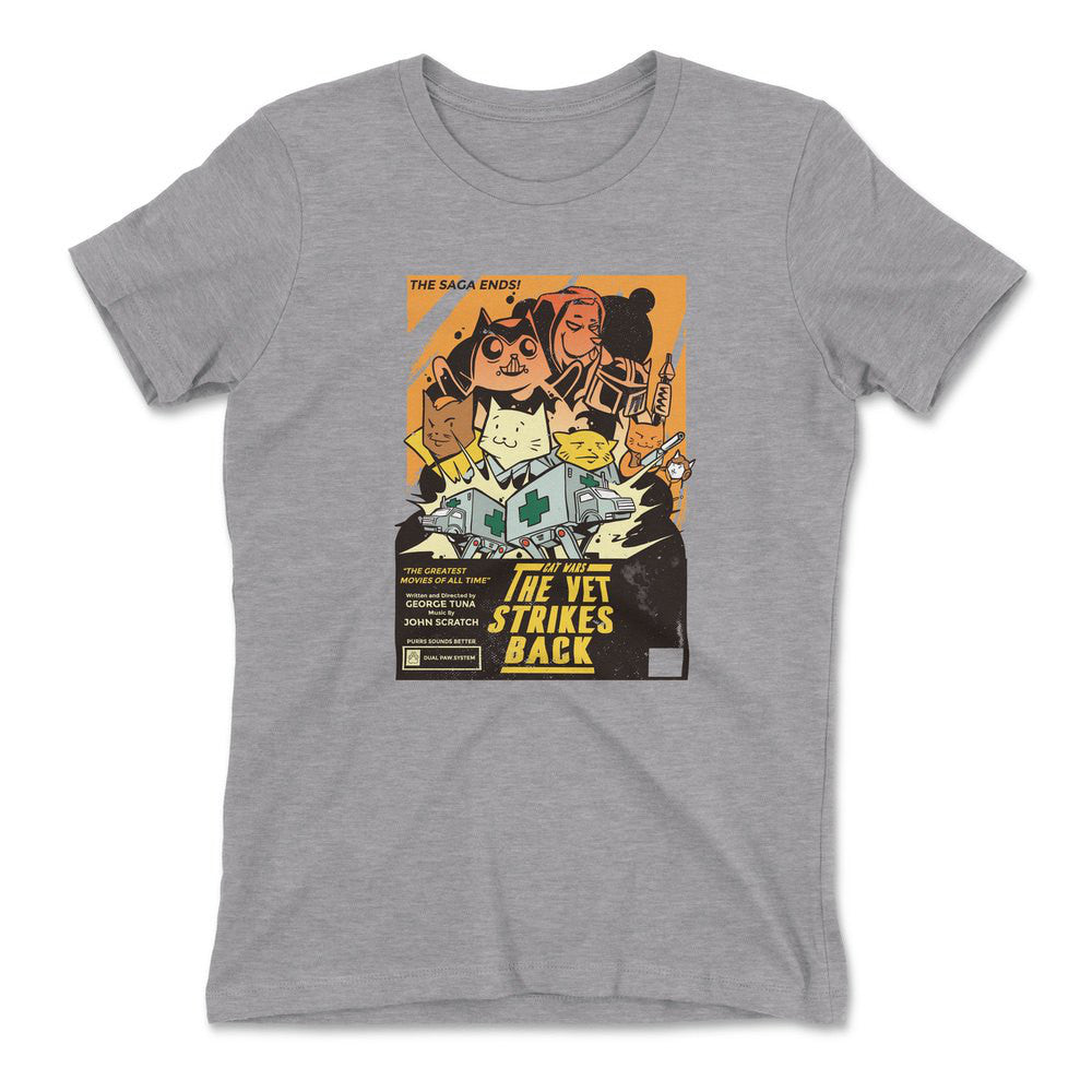 Cat Wars - The Vet Strikes Again Womens T-Shirt in Heather Grey color
