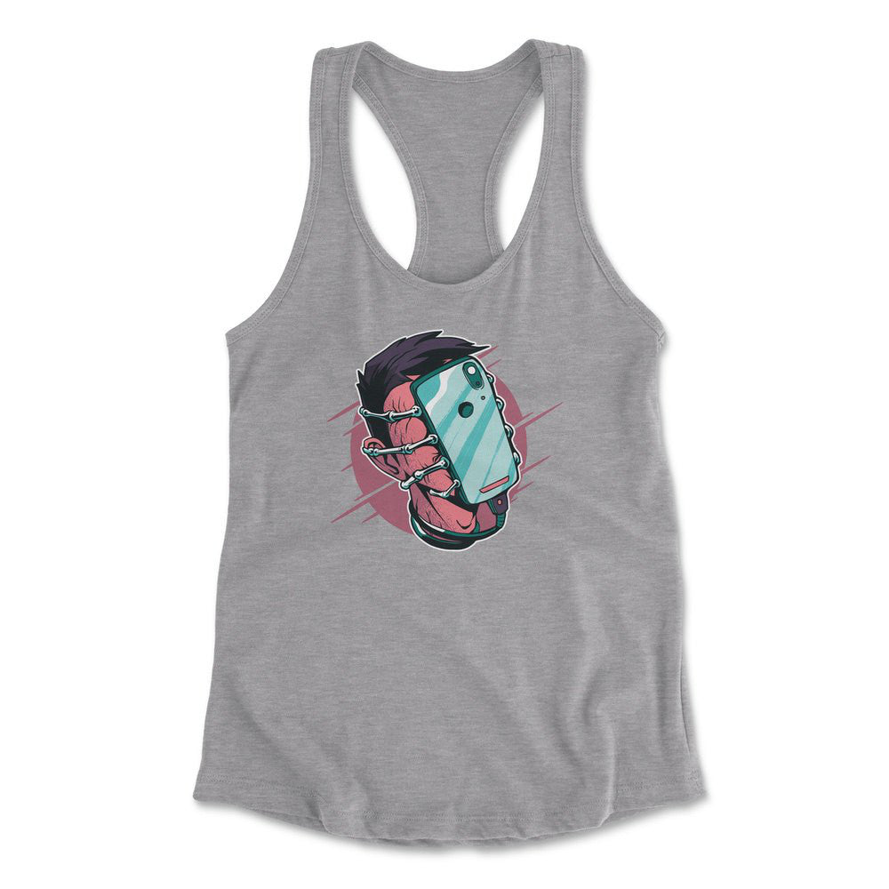 Phone Face Hugger Womens Racerback Tank in Heather Grey color