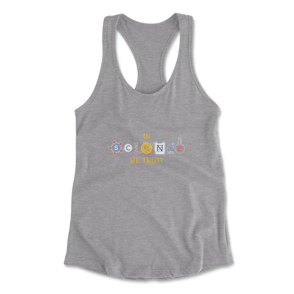 In Science We Trust Womens Racerback Tank in Heather Grey color
