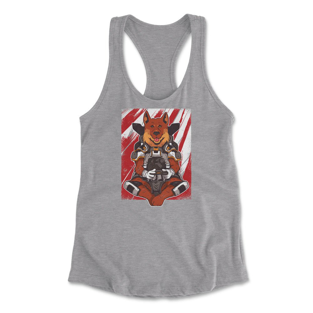 German Shepard Gamer Dog Womens Racerback Tank in Heather Grey color