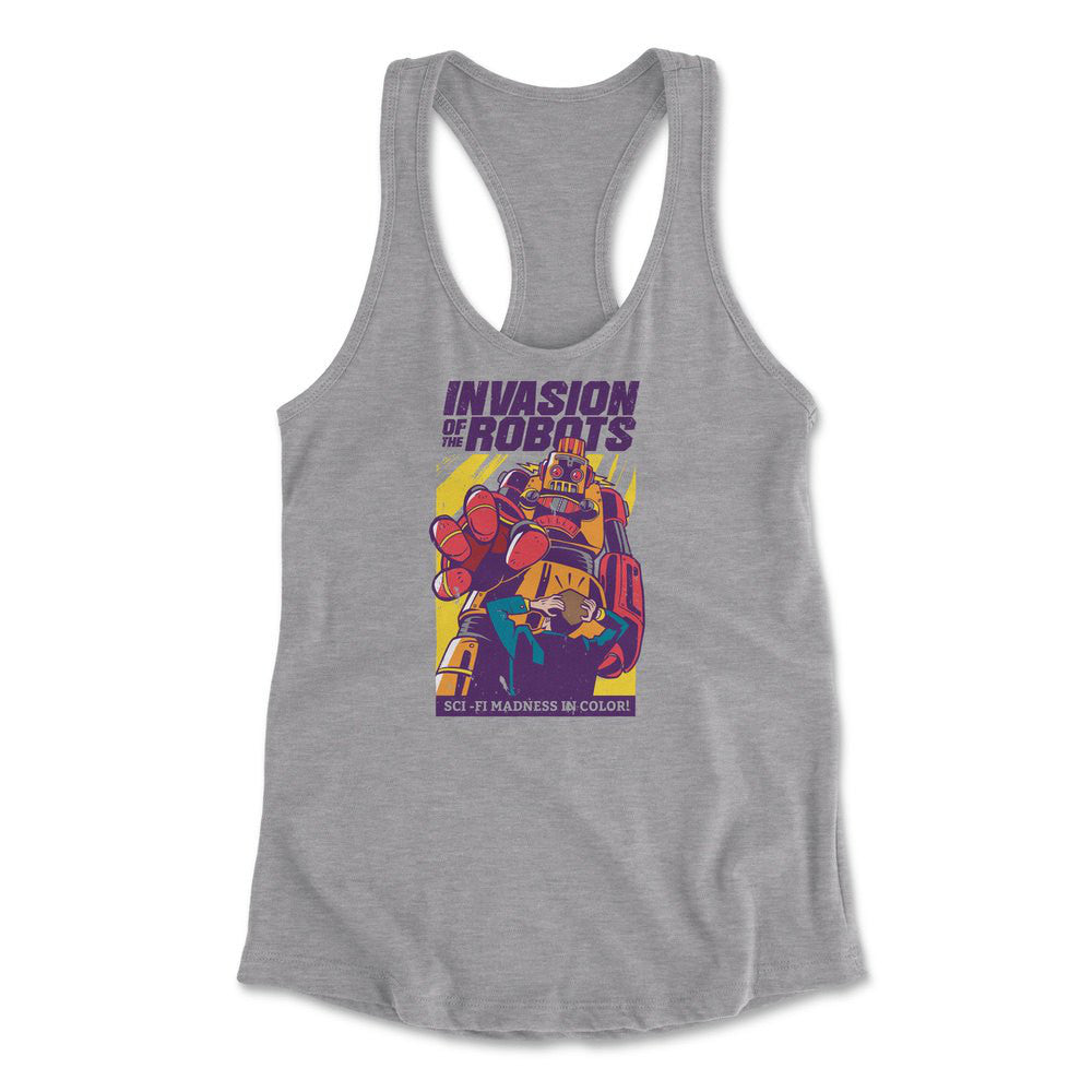 Invasion Of The Robots Womens Racerback Tank in Heather Grey color