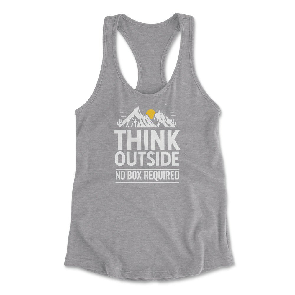 Think Outside, No Box Required Womens Racerback Tank in Heather Grey color
