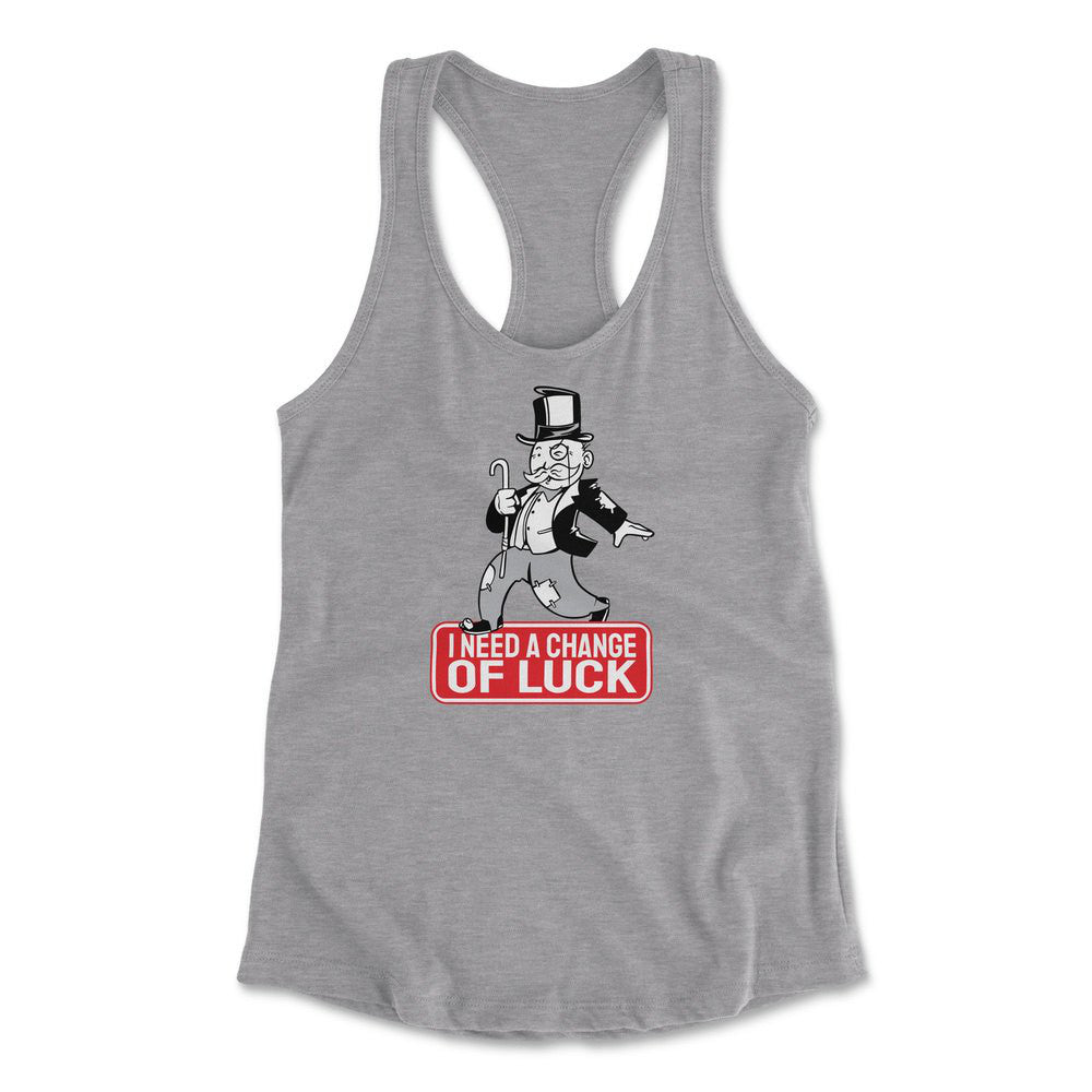 Change Luck Monopoly Parody Womens Racerback Tank in Heather Grey color