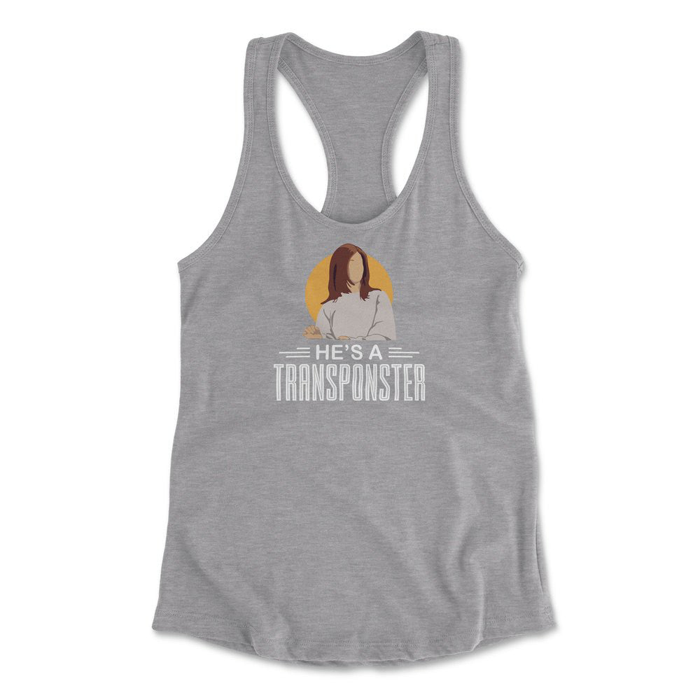 He's A Transponster Womens Racerback Tank in Heather Grey color
