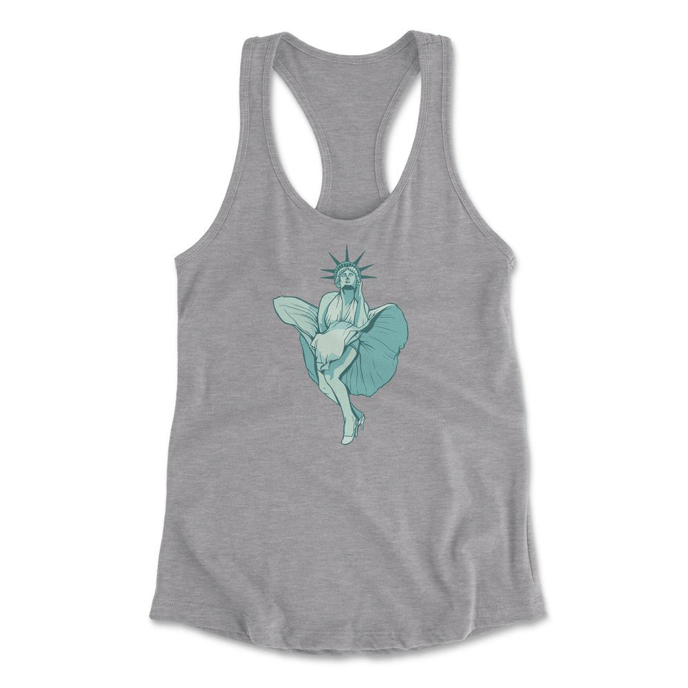 Statue Of Liberty Marilyn Monroe Womens Racerback Tank in Heather Grey color