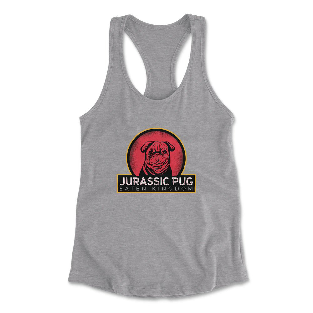 Jurassic Pug Womens Racerback Tank in Heather Grey color