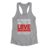 My Husband And I Fell In Love At First Sight Womens Racerback Tank in Heather Grey color