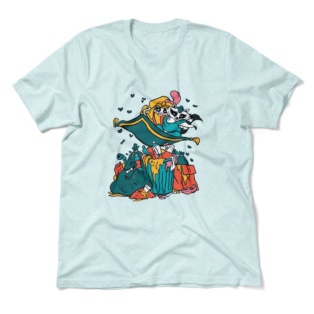 Raccoon Flying Aladdin Men/Unisex T-Shirt in Heather Ice Blue color