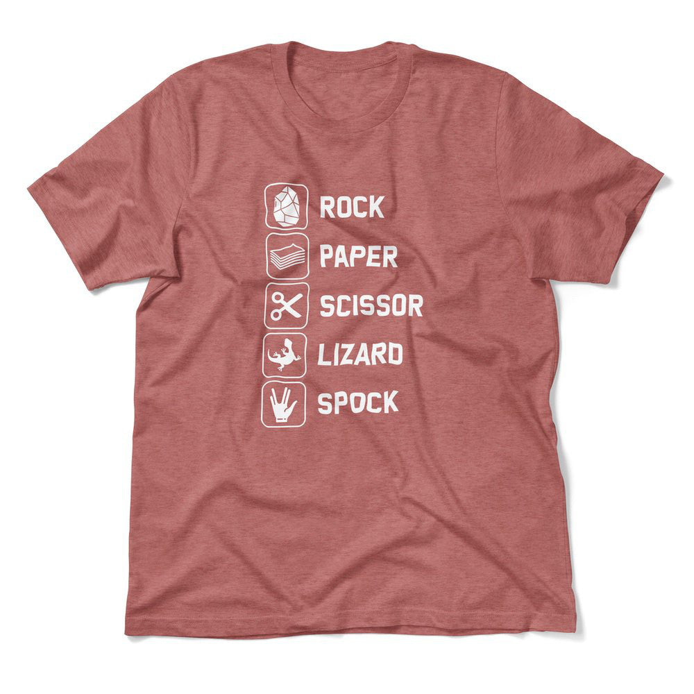 Rock Paper Scissor Lizard Spock Men/Unisex T-Shirt in Heather Mauve color