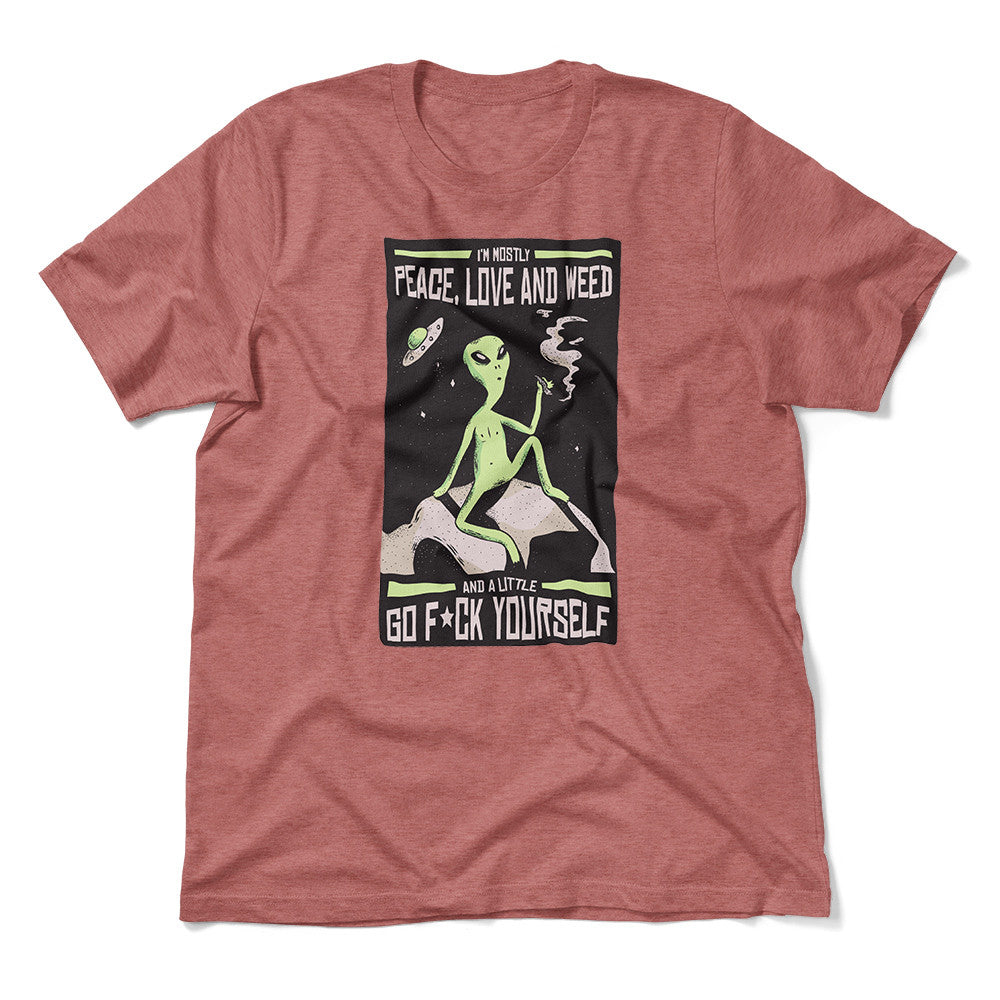 I Mostly Want Peace, Love And Weed Men/Unisex T-Shirt in Heather Mauve color