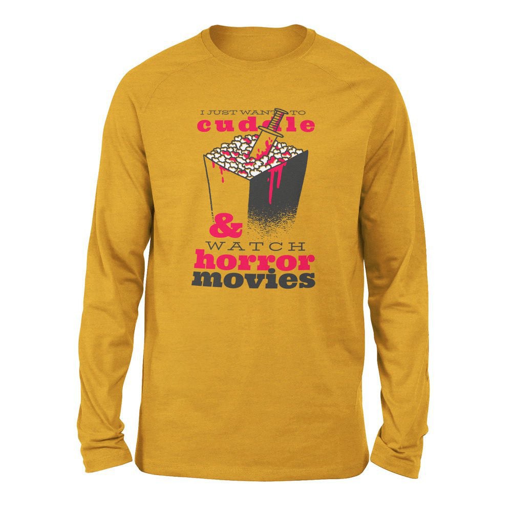 I Just Want To Cuddle And Watch Horror Movies Men/Unisex Drop Shoulder Sweatshirt in Heather Mustard color