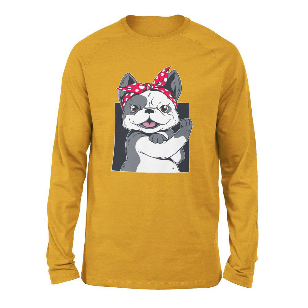 French Bulldog Men/Unisex Drop Shoulder Sweatshirt in Heather Mustard color