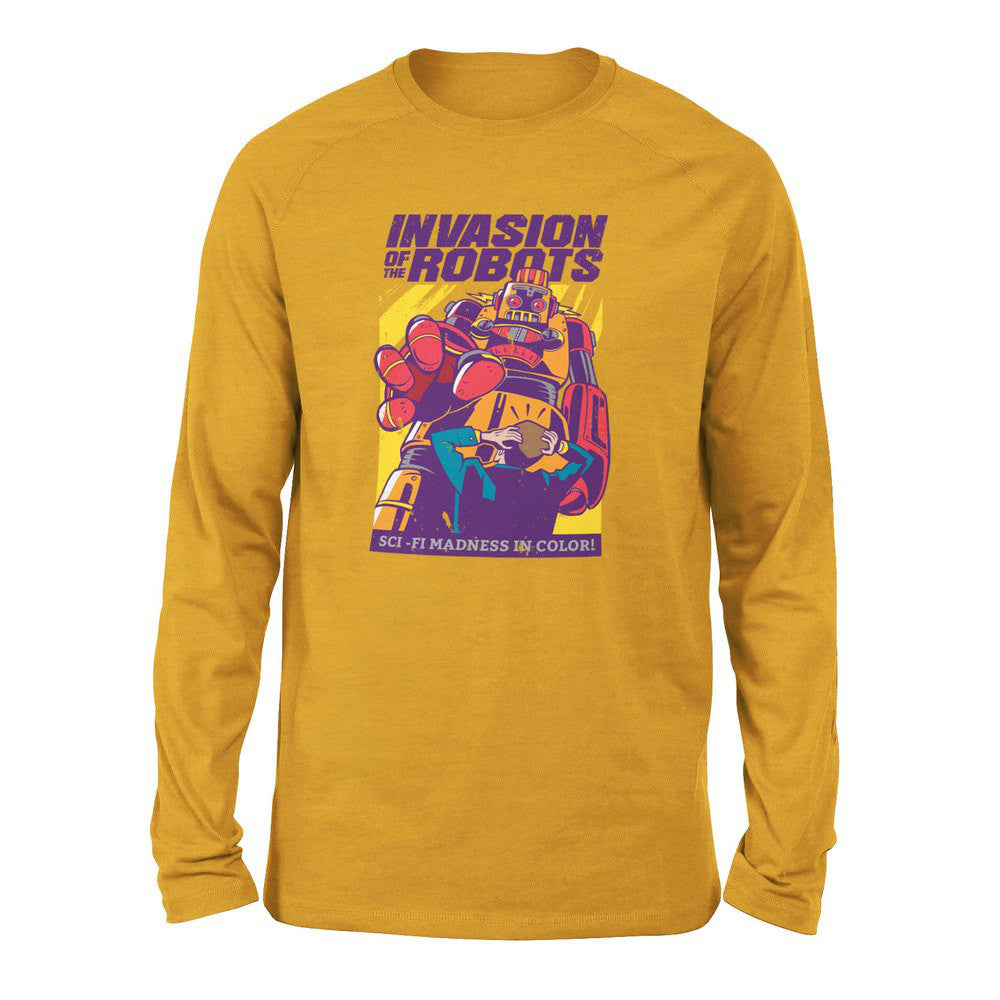 Invasion Of The Robots Men/Unisex Drop Shoulder Sweatshirt in Heather Mustard color