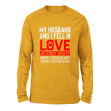 My Husband And I Fell In Love At First Sight Men/Unisex Drop Shoulder Sweatshirt in Heather Mustard color