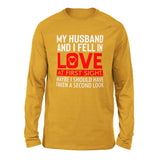My Husband And I Fell In Love At First Sight. May Be I Should Have Taken A Second Look Men/Unisex Drop Shoulder Sweatshirt in Heather Mustard color