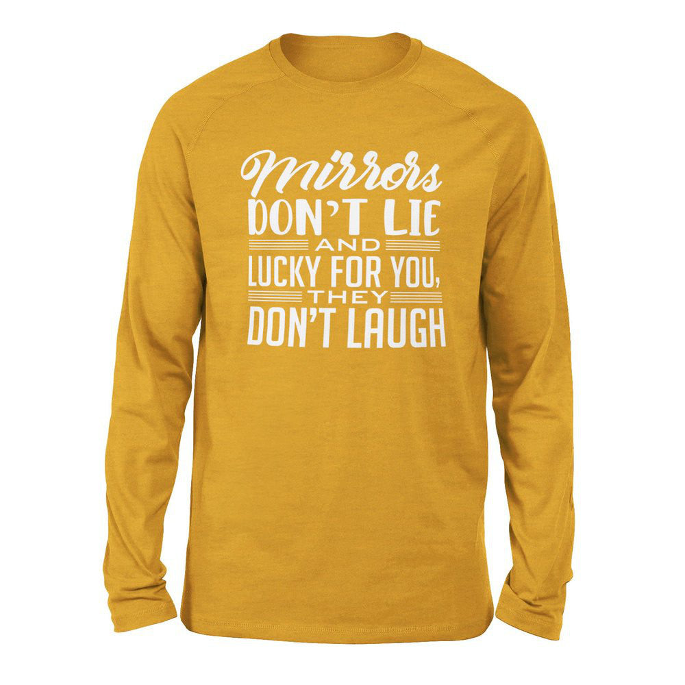 Mirrors Dont Lie And Lucky For You, They Don't Laugh Men/Unisex Drop Shoulder Sweatshirt in Heather Mustard color